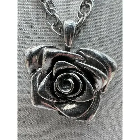 Silver Tone Rose Pendant Necklace - Picture 3 of 8